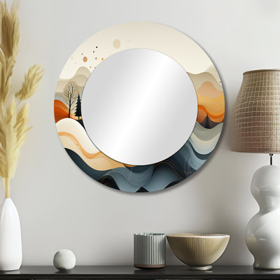 Teal Orange Line Art Landscape - Abstract Line Round Mirror Wall Decor
