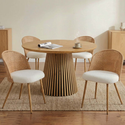Table à manger ronde en bois + 2 chaises en osier de style médiéval bohémien avec coussins en éponge doux