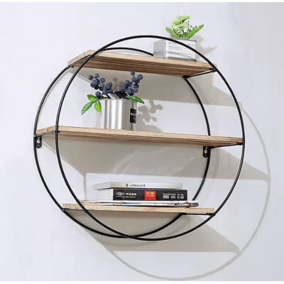Round 3-tier Wall-mounted Shelf With Iron Frame And Wood Panels – Industrial Rustic Display Rack For Living Room, Bathroom, Bedroom, Or Office