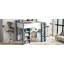 Lit mezzanine double en bois pleine grandeur avec tablettes de rangement intégrées, tringles à vêtements et bureau, blanc et bleu