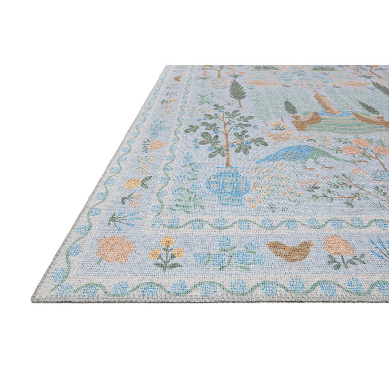 Tapis bleu clair Rifle Paper Co. x Loloi Menagerie Men-03 Camont, Rectangle 3 pi 9 po x 5 pi 9 po