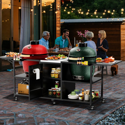 Metal Grill Table For Outdoor Use - Compatible With Two Big Egg, 18", , Black And Silver Color, 109.5 Lb Weight, 34.48 In Height, 26.75 Width, 100.11 Depth, 6 360 Wheels 4 Lockable, Open Shelves, 2