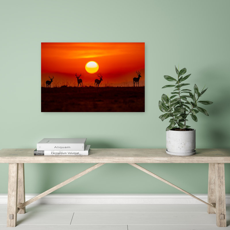 «Impala Sunset Silhouettes Dramatic Serene Tranquil Animal Landscape», art mural, 16" H x 24" W