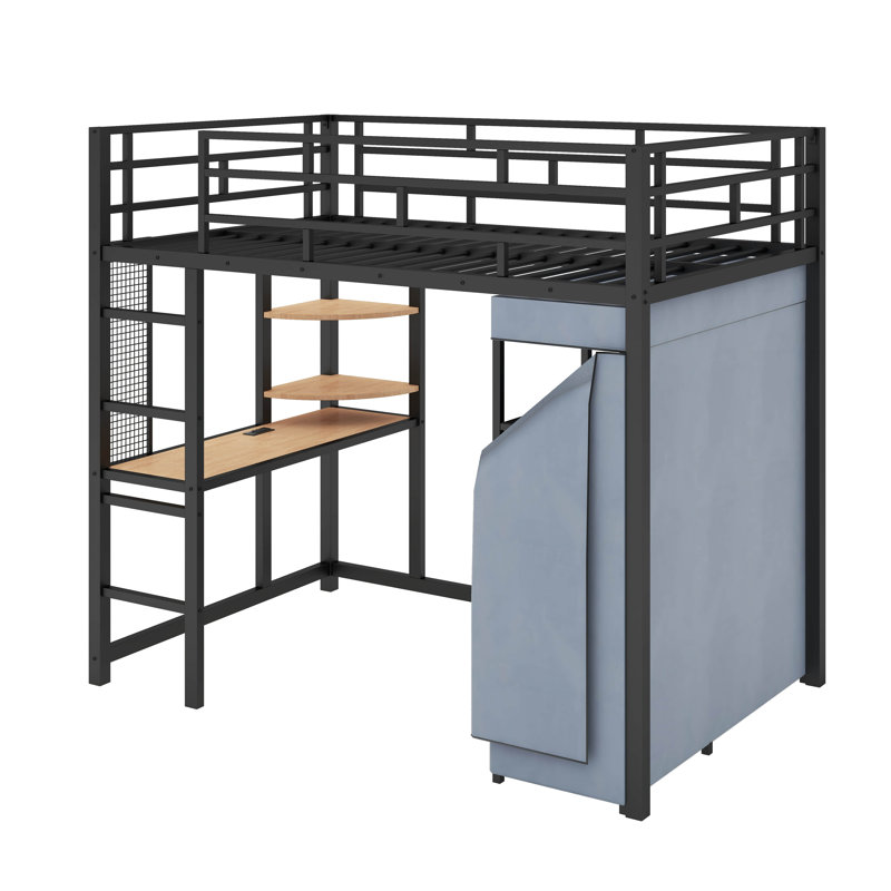 Lit mezzanine en métal avec bureau, tablettes, prise de courant, DEL et garde-robe, Lit simple, Noir, noir, noir, noir