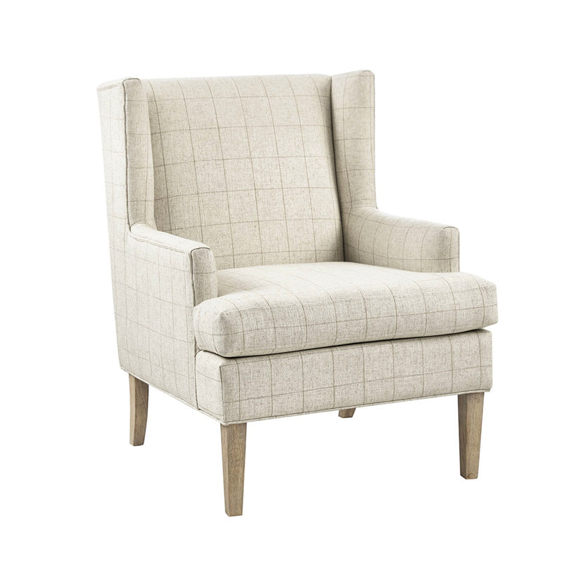 Chaise rembourrée beige avec pieds en bois massif et 20% de contreplaqué de tissu acrylique en mousse, Beige Checkered
