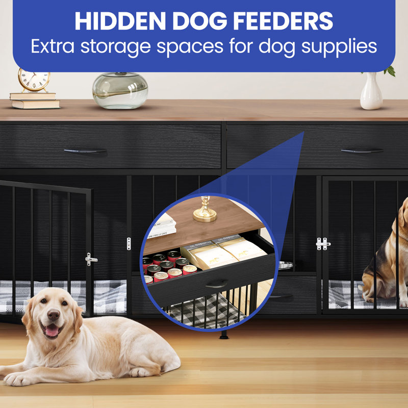 Wooden Double Dog Crate Furniture with Feeders, Black, 34" H x 74.8" W x 22" D