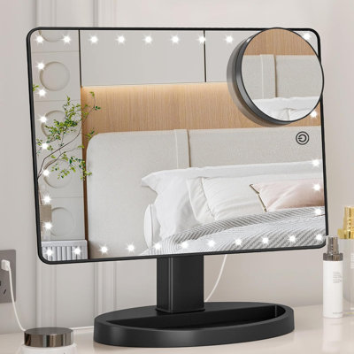 Grand miroir de table lumineux avec grossissement de 10x, rotation à 360° et variateur tactile pour la luminosité.