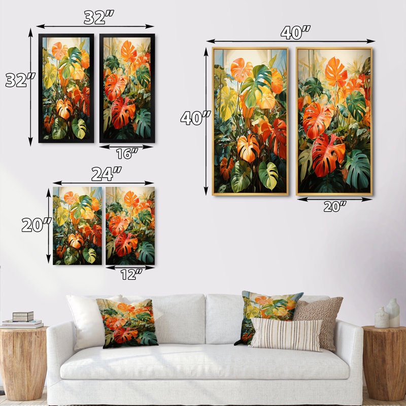 «Orange Green Tropical Foliage», 2 pièces sur toile, Encadrement brun, H 40 po x l 40 po