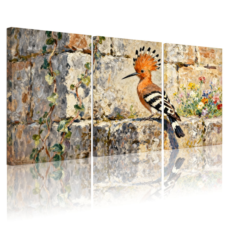 Oiseaux huppe huppée sur mur de pierre avec fleurs, ensemble de 3 impressions, H 30 po x l 60 po