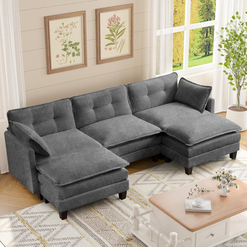 111.5" U-Shaped Chenille Modular Sofa - 3-Seater with Cloud-Like Soft Seating & 2 Movable Ottomans, Modular Flexible for Customizable Living Layouts (Grey)