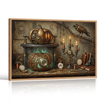 " Steampunk Pumpkin With Gears And Mechanical Bird Halloween " Painting Print