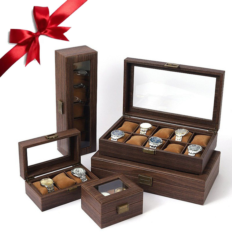 Boîte à montre, organisateur de boîte à montre en bois avec couvercle transparent, présentoir à montre avec coussins amovibles, 3 grilles
