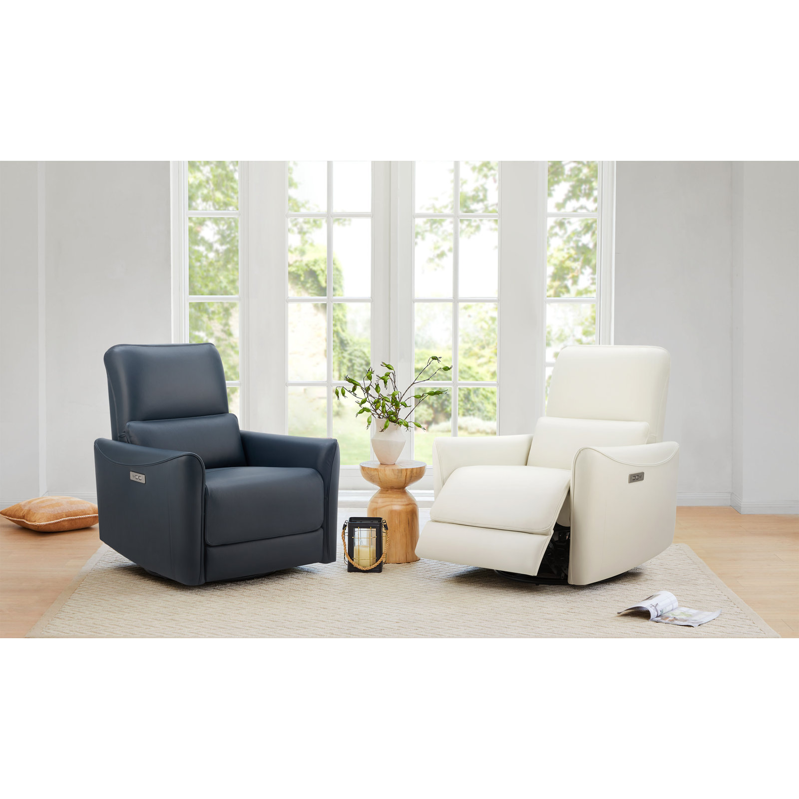 Santo 33" Genuine Leather Swivel Power Recliner, Impression White Top Grain Leather