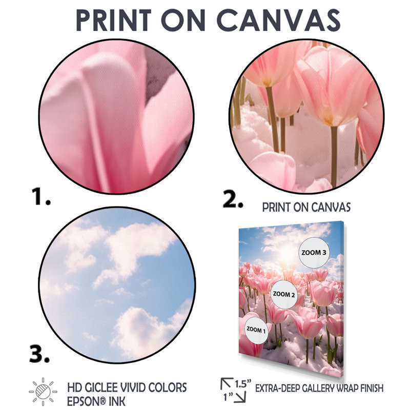 Tulipe rose, neige, paysage ensoleillé II - Tulipes, art mural, H 20 po x l 12 po x P 1 po, Toile avec cadre flottant noir