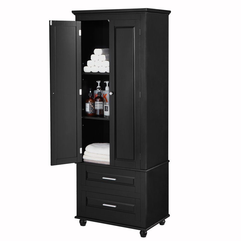 Botond Bathroom/Office Tall Cabinet with 2 Drawers, Black