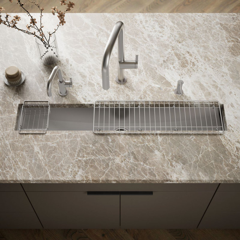 Undertone® Trough 43" L x 8-1/4" W x 6-5/16" Under-Mount Single-Bowl Trough Kitchen Sink, Includes Wire Basket and Rack