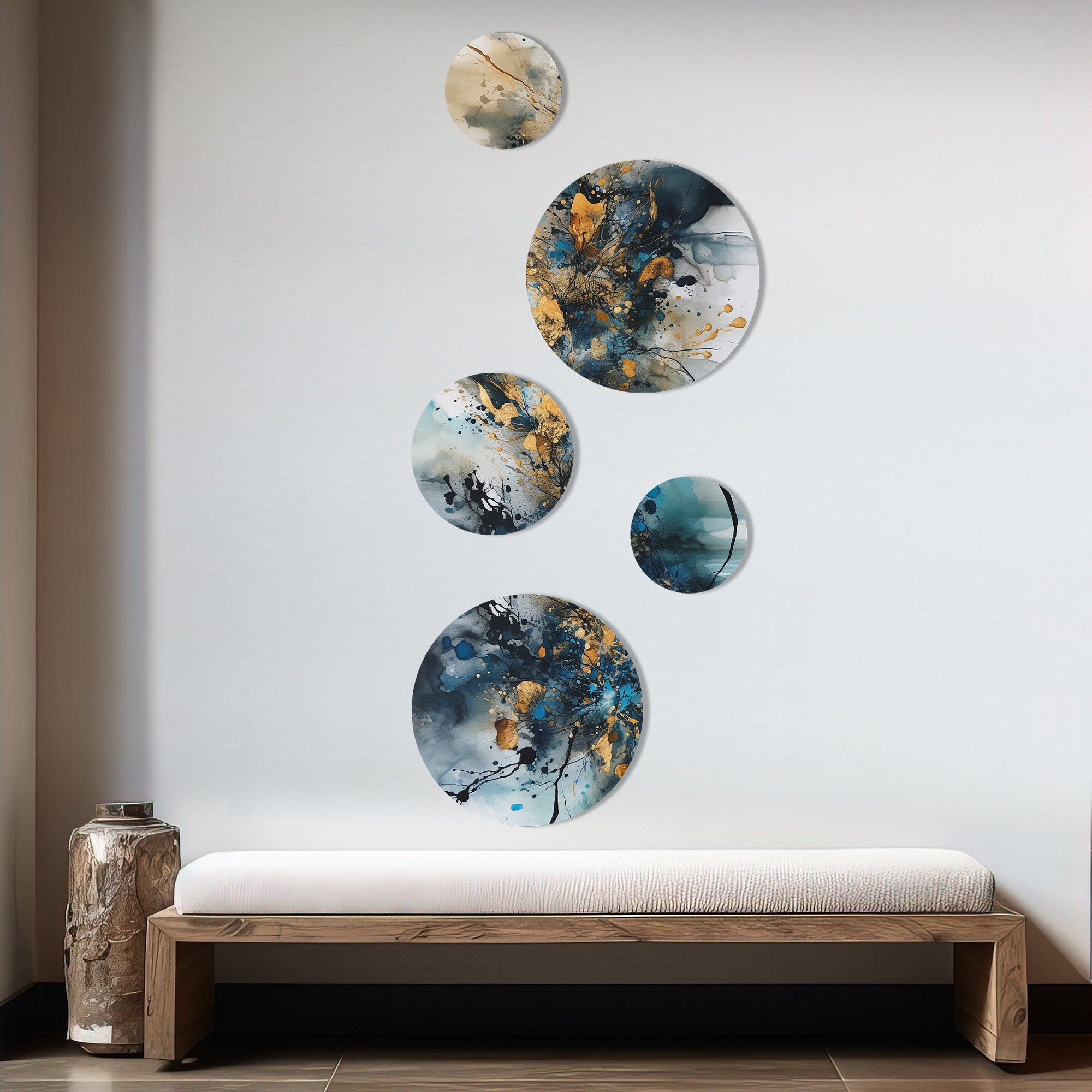 Design Art 5 Blue Gold Captivating Liquid Ink Wall Decor Set Metal