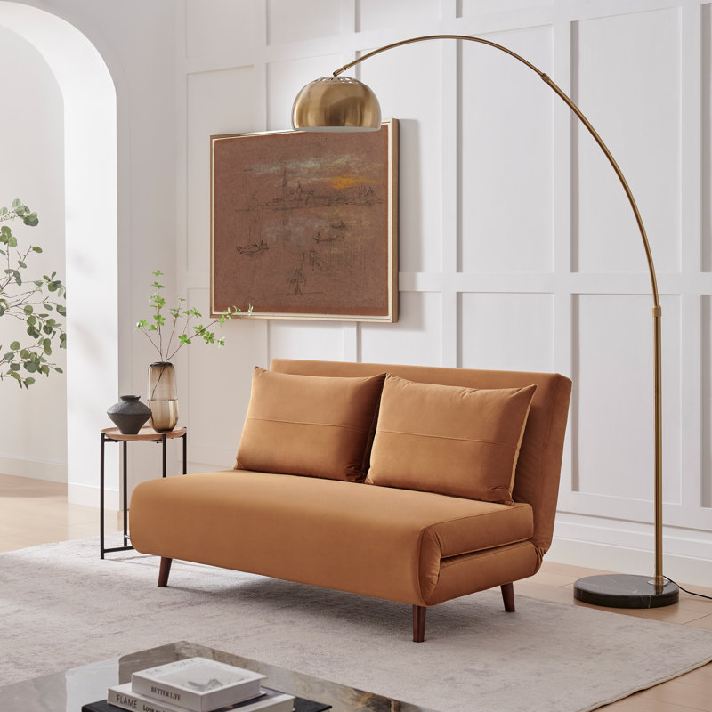 Berlyn 2 Seater Futon Sofa Bed - Luxury Simple Modern Folding Design, Orange Velvet, Full/Double