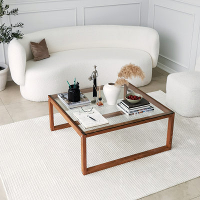 Modern Coffee Table, 35.4 x 15.7 x 35.4 inches | 100% Tempered Glass Top & 100% Pine Solid Wood Frame | Stylish Wooden Color Design | Perfect for Living Room & Novelty Spaces, Durable & Elegant