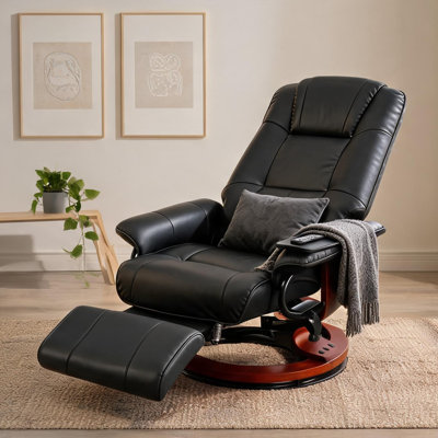 Swivel Lounge Chair with Extendable Footrest – Faux Leather, Solid Wood, 360° Rotation, Reclines to 145°