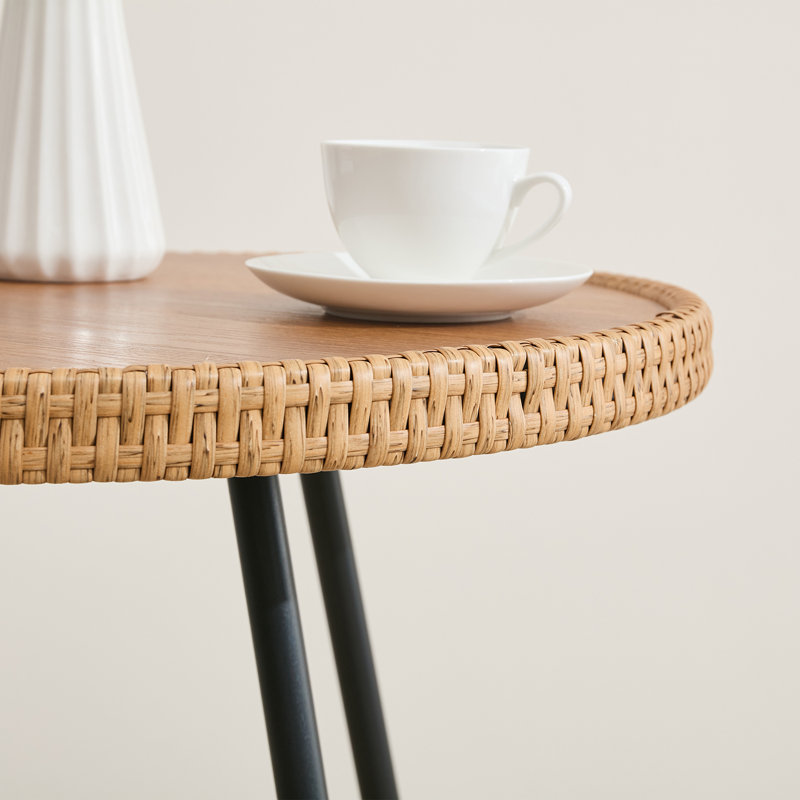 Table de bar ronde 24 po, table bistro d'extérieur en osier avec plateau en faux bois pour le jardin, la cour, le balcon et la piscine