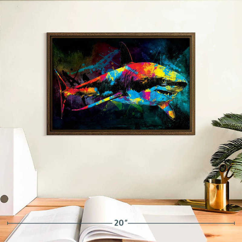 Great White Shark Color Grunge, 13" X 9", Floating Frame Walnut