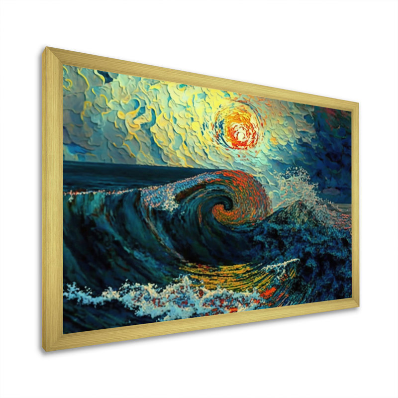 Vagues sauvages se brisant au coucher du soleil - impression, Cadre photo doré simple, H 16 po x l 32 po x P 1 po
