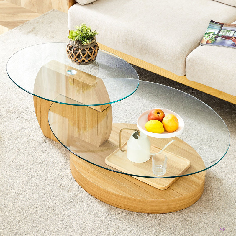 Table basse moderne à double couche grain moderne - Design polyvalent, plusieurs couleurs disponibles. Autocollant de panneau de densité, verre renforcé, comptoir ovale.
