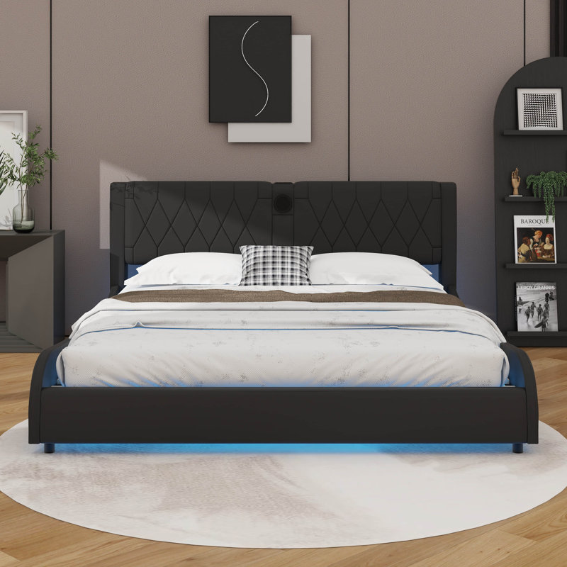 Luxueux lit plateforme en similicuir avec tête de lit renforcée, audio Bluetooth et éclairage à DEL RVB, Noir, Roi