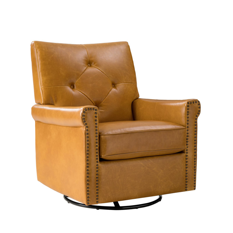 Stratton 31"W Transitional  Genuine Leather Swivel Rocker Chair with Tufted Back and Nailhead Trim, Camel