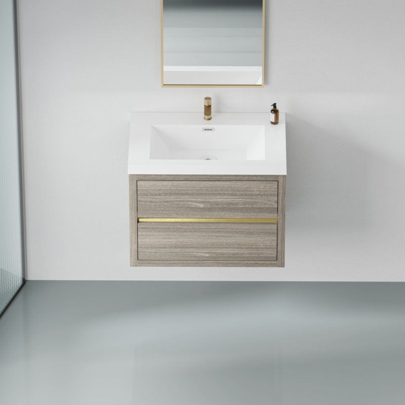 Meuble-lavabo mural 30 po avec lavabo, meuble de rangement flottant avec comptoir en résine de pierre et tiroirs à fermeture en douceur