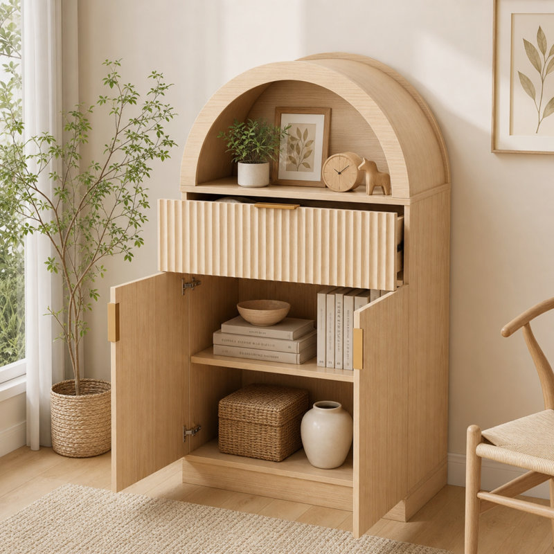 Armoire d'appoint en bois cannelé l 24 po, armoire de rangement arquée Boho avec portes, tiroirs et tablettes réglables, petite cabine autoportante