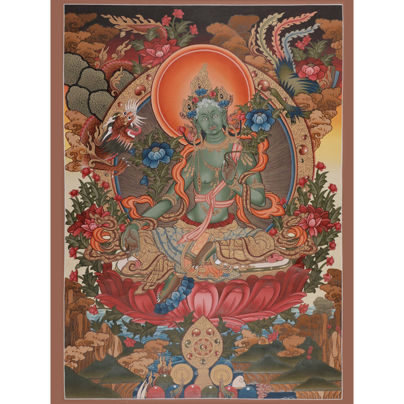 Déesse verte Tara Brocadeless Thangka | Art mural bouddhiste tibétain peint à la main | Décoration et protection en or 24 carats (37 po x 26,4 po)