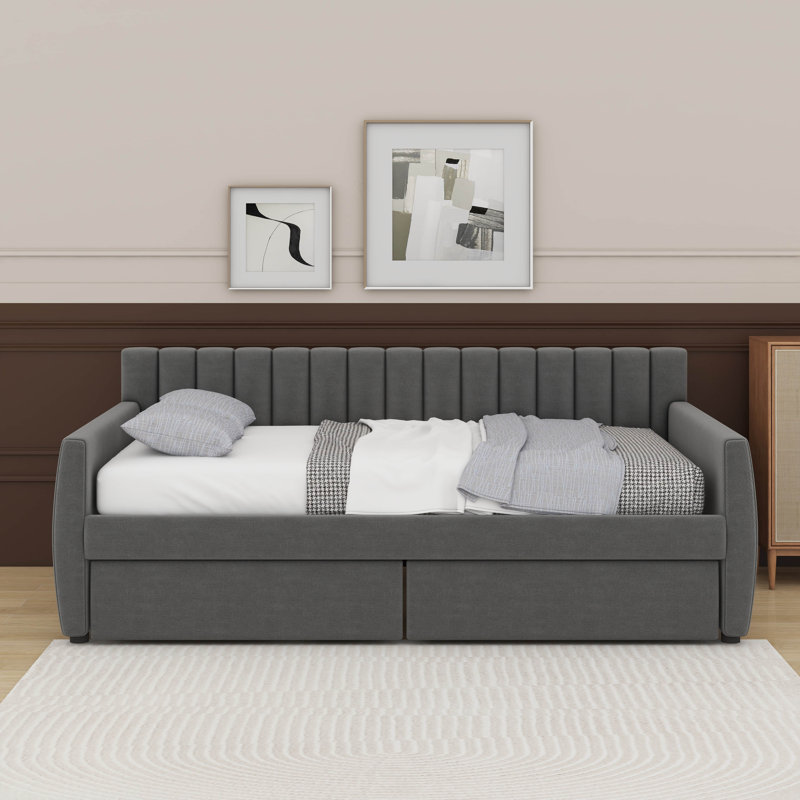 Lit de jour simple tapissier avec tiroirs, Gris