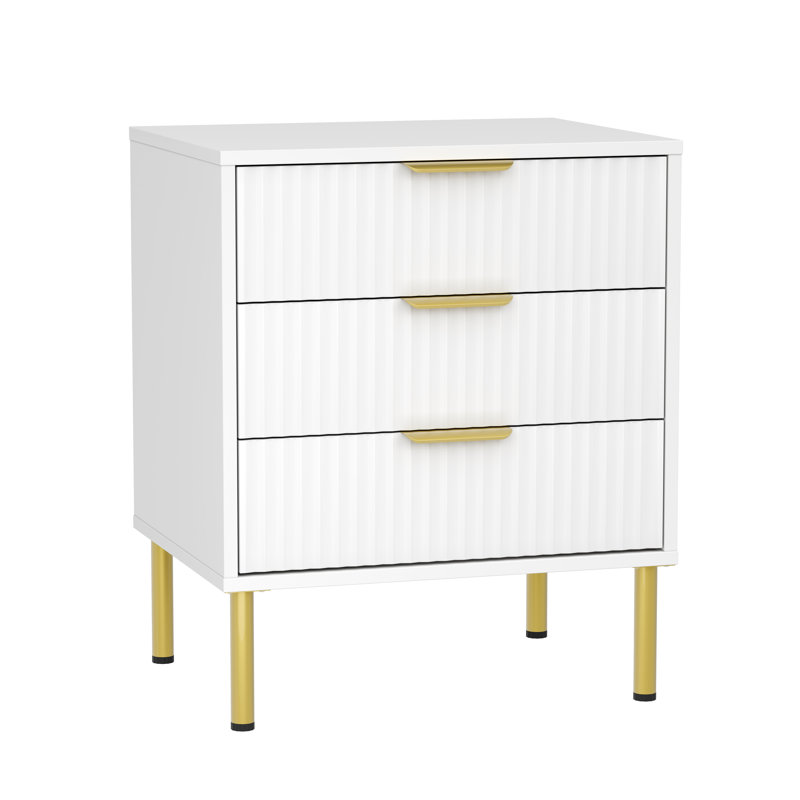 Modern 3-Drawer Fluted Nightstand with Gold Metal Legs, Individual, White