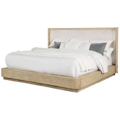 Queen Wingback Bed With Beige Oak Finish, Platform For Coastal Bedroom, Solid Poplar And Veneer, Fabric Upholstered Headboard, 88 Inches Wide Style In Design, Engineered Wood,
