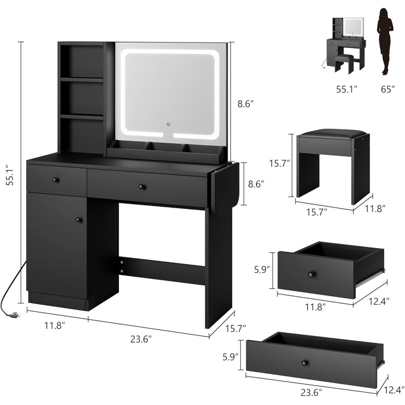 Ensemble de coiffeuse noire avec miroir et lumières, ensemble de table de maquillage avec chaise et tablettes de rangement pour la chambre à coucher