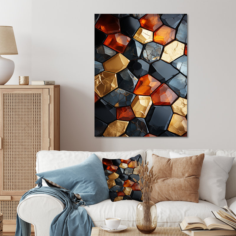 Carreaux de mosaïque cubiques dorés et bleus II - tuile abstraite, art mural en métal, H 32 po x l 24 po x P 1 po