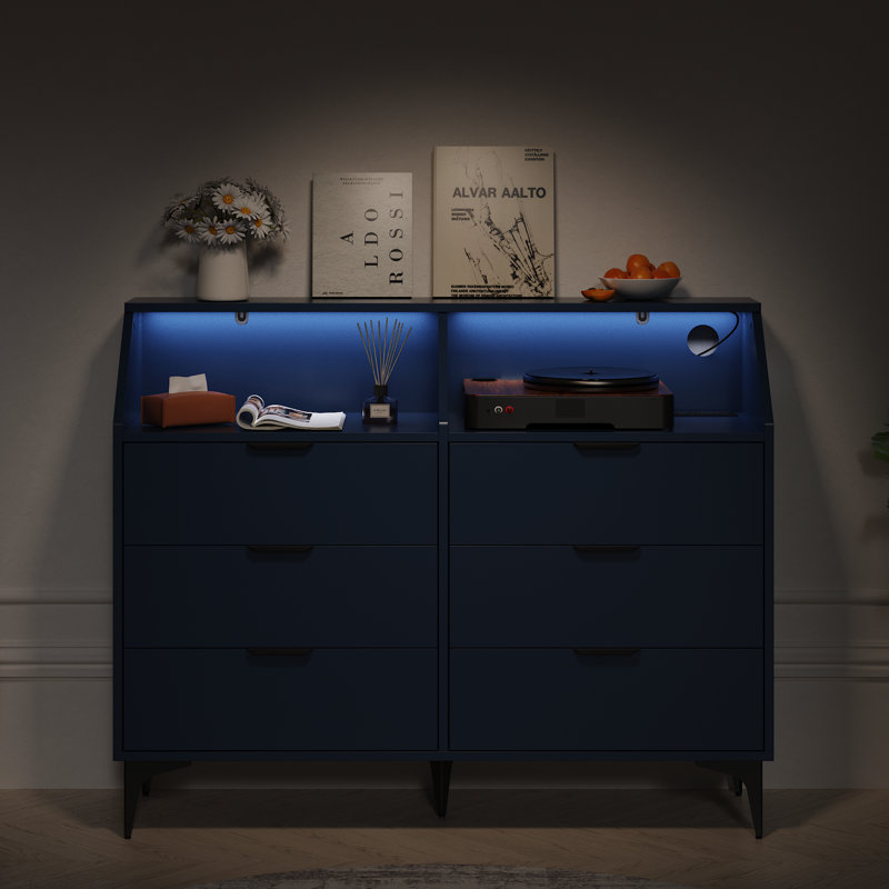 6 Drawer Dresser With Led Light, Chest Of Drawers With Charging Station, Wooden Dressers For Bedroom, Living Room, Entryway, Hallway