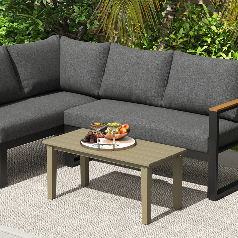 HDPE Outdoor Coffee Table, All-Weather Rectangle Patio Coffee Table, Plastic Outdoor Patio Table with Slatted Tabletop for Garden, Balcony, Backyard, Gray
