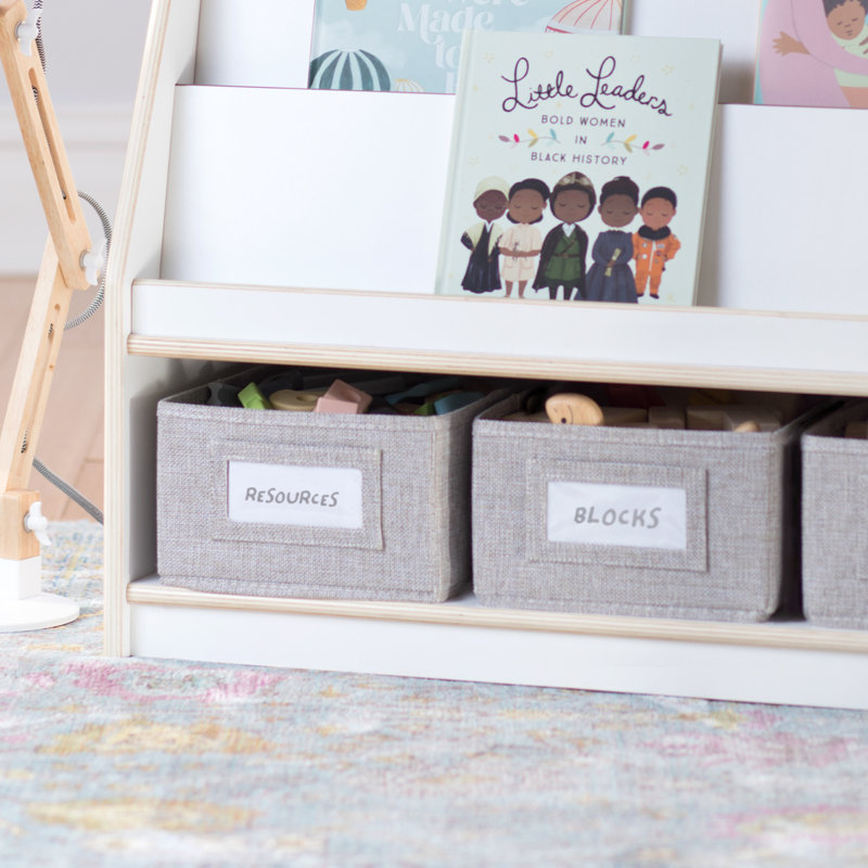 White Wooden Kids Book and Bin Display with Storage Bins