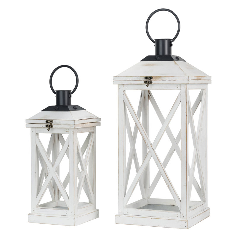 Wood and Metal Indoor and Outdoor Tabletop Lanterns (Set of 2), White