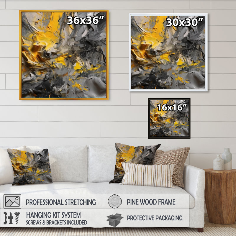 Deonka jaune moutarde et gris vif - décoration murale abstraite, L 16 po x H 16 po, Cadre flottant noir