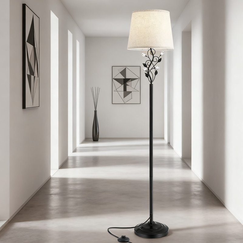 65-Inch Farmhouse Floor Lamp With 3-Way Led Bulb, Rustic Leaf Design And Linen Shade, Standing Lamp For Living Room, Bedroom, Office