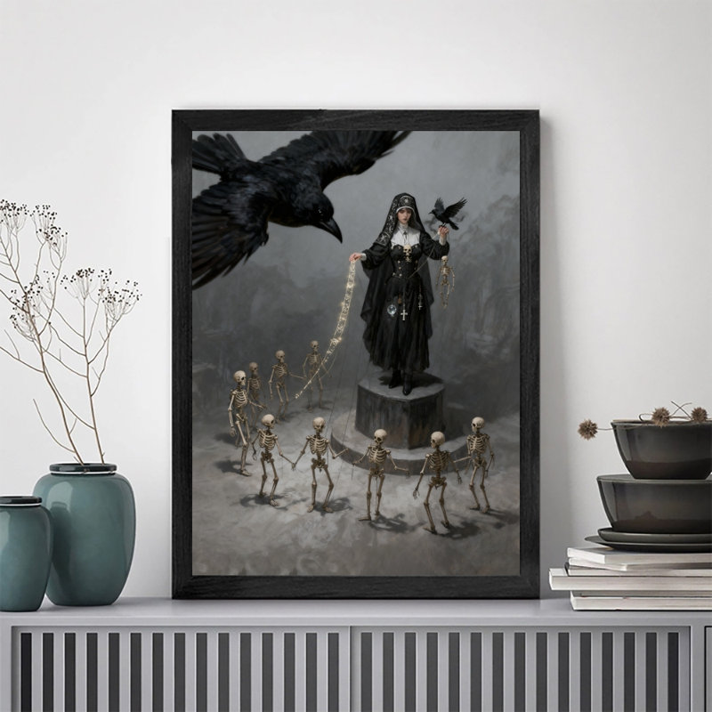Black Framed Vintage Gothic Dark Puppet Master Sister Wall Art Retro Style Framed Prints, 11" H x 9" W