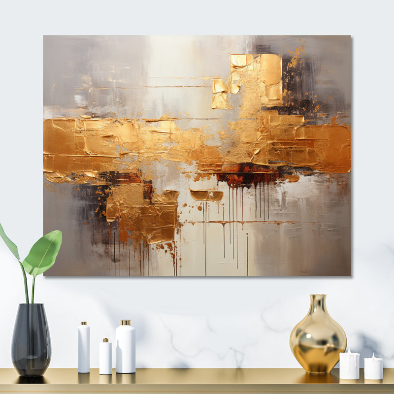 Golden Gleam VII - abstrait, collage, art mural en métal, H 24 po x l 32 po x P 1 po