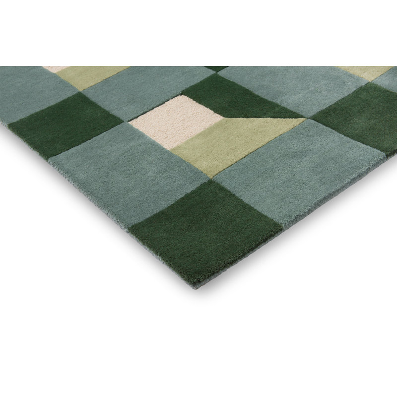 Hand Tufted Wool Geometric Area Rug in Fern/White, Rectangle 5'7" x 7'10"