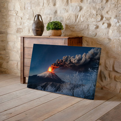 Canvas A Majestic Snow Capped Volcano Erupts Dramatically Under A Starlit Wall Art Night Sky With A Vivid Orange Glow Emanating From Canvas Wall Art