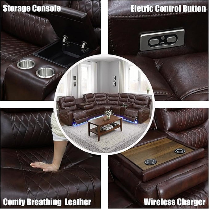 Breathing Leather 3-piece Living Room Recliner Sofa Set, Brown