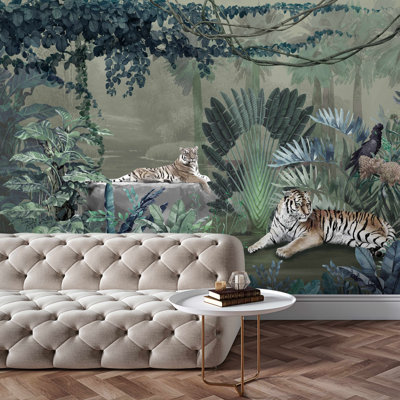 Papier peint exquis Jungle Tigers Tropical Flora Oiseaux exotiques